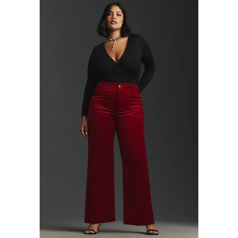 Anthropologie Maeve The Colette Wide Leg Pants Womens 33 Velvet Red Holiday Chic